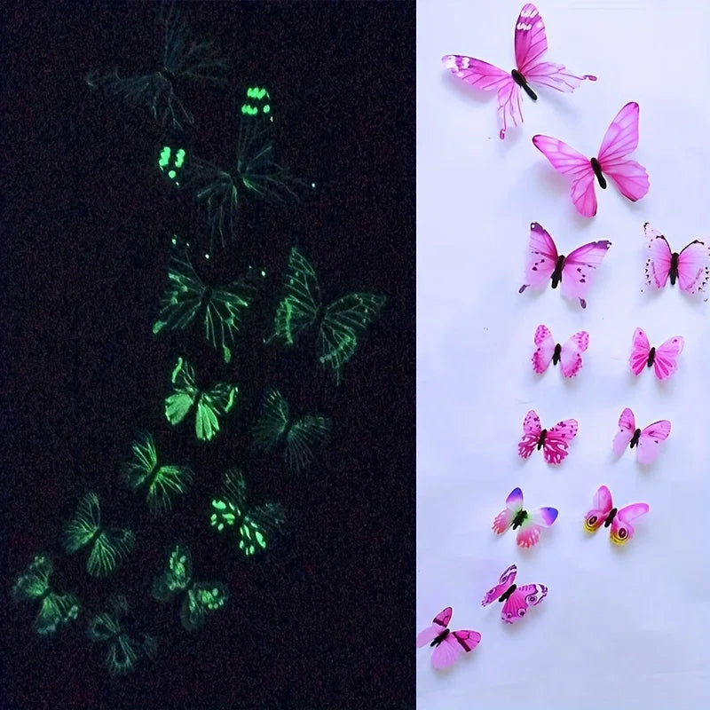 New 12Pcs Fashion 3D Luminous Butterfly Creative Wall Sticker